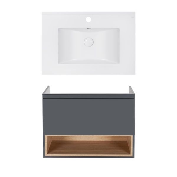 Комплект Qtap тумба подвесная Robin 700х580х437 мм Graphite/Whitish oak + раковина врезная Albatross E QT71RO44049 SD00050173 фото