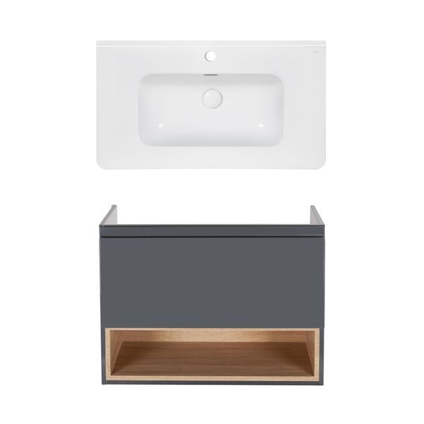 Комплект Qtap тумба подвесная Robin 800х580х437 мм Graphite/Whitish oak + раковина врезная Albatross 9H QT71RO44053 SD00050177 фото