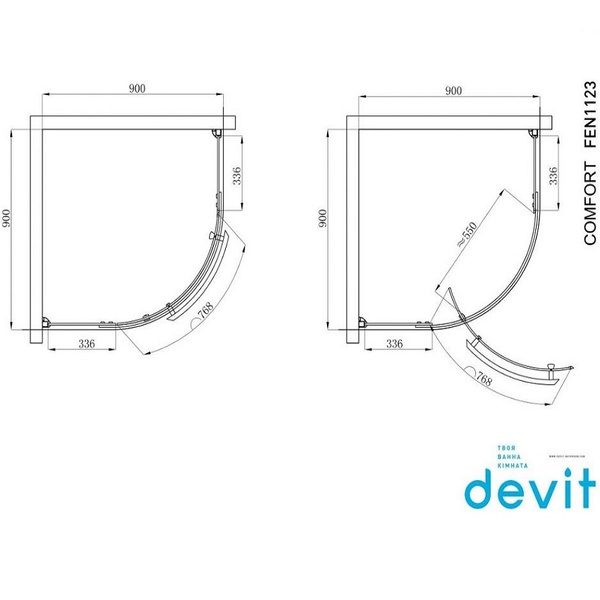 DEVIT FEN1123 COMFORT Кабина Душевая, 1/4 круга, 90х90, без Поддона, стекло прозрачное 280184 фото