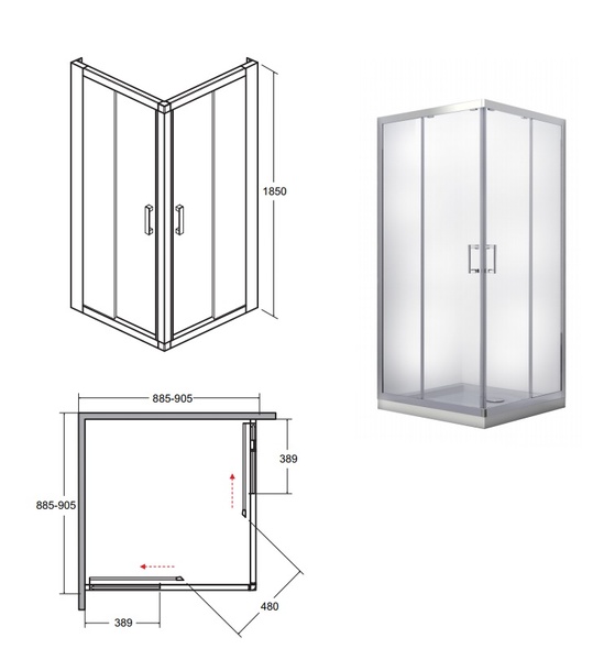 Кабина квадратная MODERN 90x90x185 универсальная: стекло прозрачное/ профиль хромированный MK-90-185-C фото