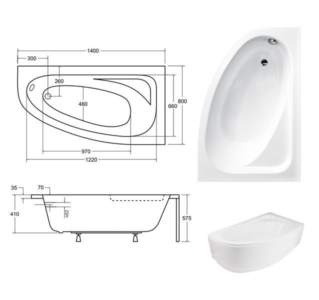 Ванна акрилова CORNEA 140х80 Права (соло) без ніг WAC-140-NP фото