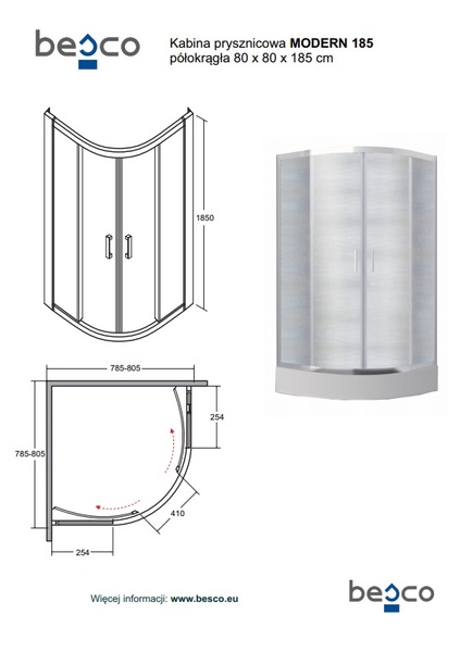 Кабина полукруглая MODERN 90x90x185 универсальная: стекло прозрачное/ профиль хромированный MP-90-185-C фото