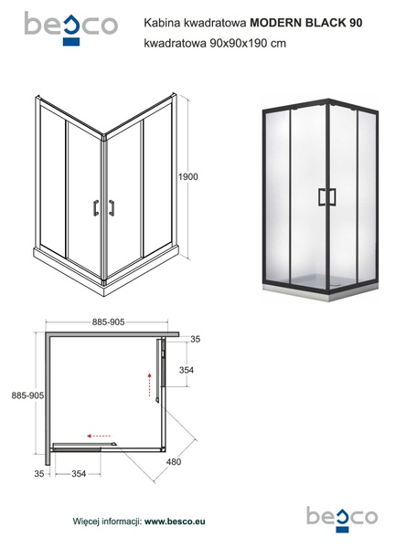 Кабіна квадратна MODERN 90x90x190 скло прозоре, проф. чорний мат MKB-90-190-C фото