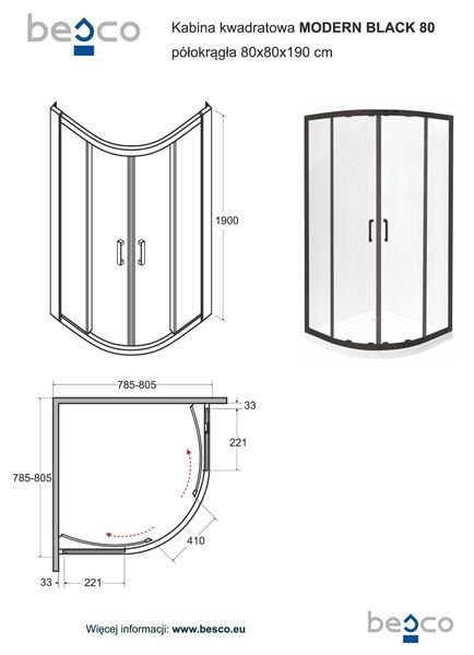 Кабина полукруглая MODERN 80x80x190 стекло прозрачное, проф. чорный мат MPB-80-190-C фото