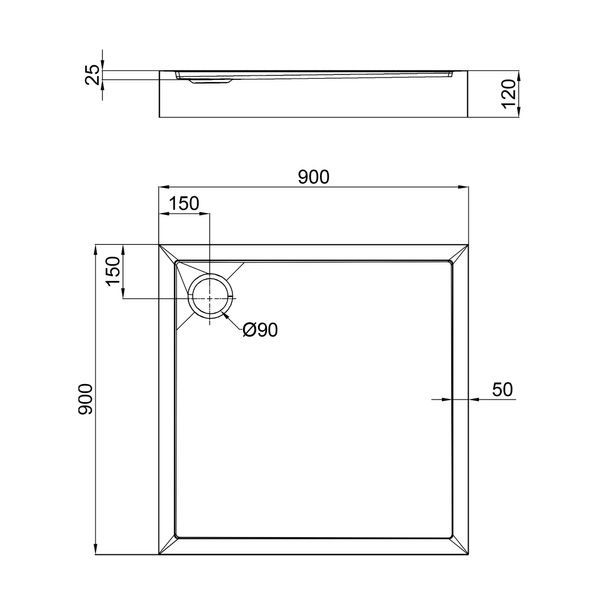 QT Душовий піддон TERN 309912C, квадратний, 90x90x12, акриловий + ніжки, діаметр зливу 90 мм + сифон з гідрозатвором хром SD00046988 фото