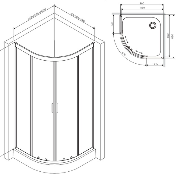 Душеве огородження 1/4 Round 90x90 см, без піддону AM.PM Gem W90UG-401-090MT W90UG-401-090MT фото