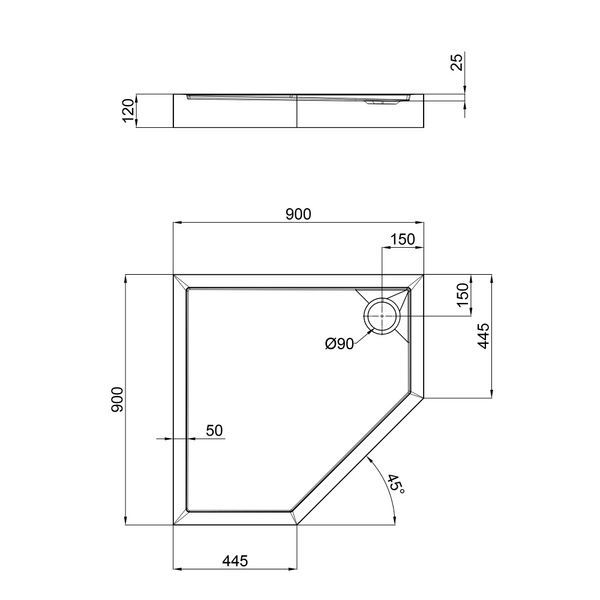 QT Душовий піддон DIAMOND 309912, п'ятикутний, 90x90x12, акриловий + ніжки, діаметр зливу 90 мм SD00046992 фото