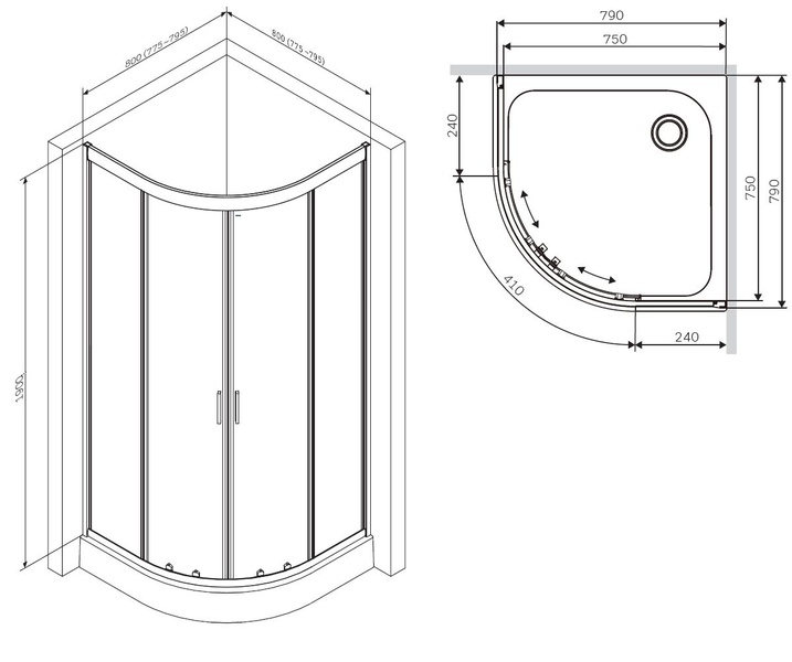 Душеве огородження 1/4 Round 80x80 см, без піддону AM.PM Gem W90UG-401-080BT W90UG-401-080BT фото