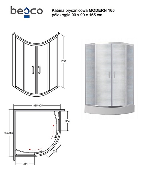 Кабіна півкругла MODERN 90x90x165 універсальна: скло grigio/ профіль хромований MP-90-165-G фото