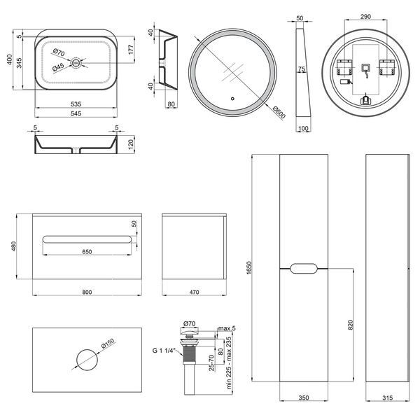 Комплект мебели для ванной Qtap тумба + раковина + зеркало + пенал QT044VI43004 SD00049118 фото