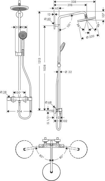 Душова система зовнішнього монтажу з термостатом Hansgrohe Croma 27185000, Хром 27185000 фото