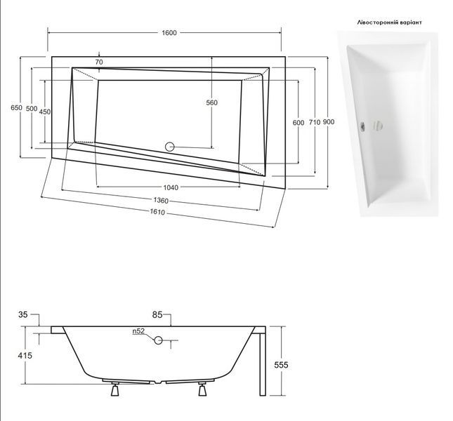 Ванна акриловая INTIMA 160x90 левая (соло) без ног WAIT-160-NL фото