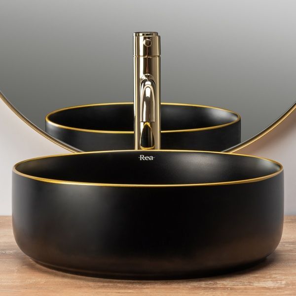 Умывальник (раковина) REA SAMI BLACK MAT GOLD EDGE накладной черный REA-U0595 фото