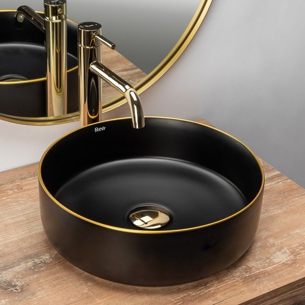 Умывальник (раковина) REA SAMI BLACK MAT GOLD EDGE накладной черный REA-U0595 фото