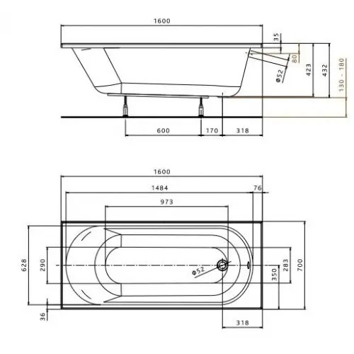 XWP136000N OPAL PLUS Ванна акрилова прямокутна 160х70 см, біла, без ніжок XWP136000N фото