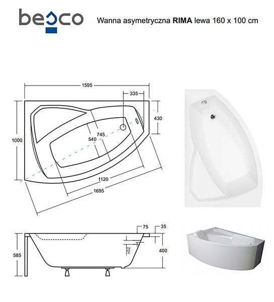 Ванна акрилова RIMA 160х100 Ліва (соло) без ніг WAR-160-NL фото