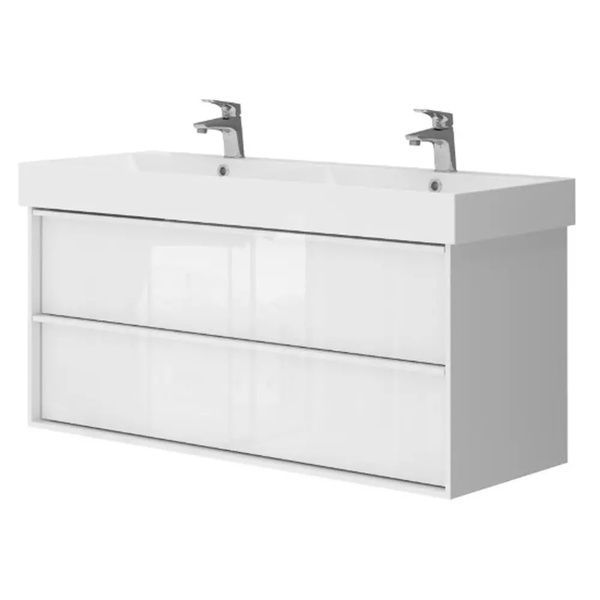 083120W Devit QUADRA Тумба 120 белая глянцевая с умывальником (искусственный камень) на две чаши с сифонами 450x1200x600 550542 фото