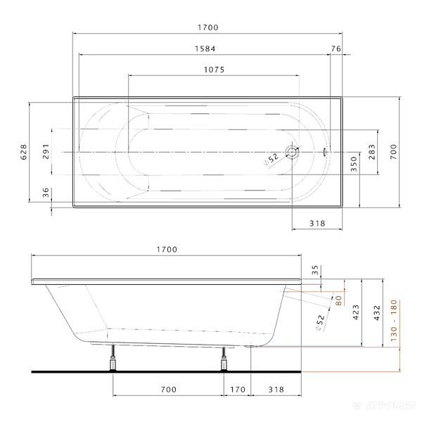 XWP137000N OPAL PLUS Ванна акриловая прямоугольная 170х70 см, белая, без ножек XWP137000N фото